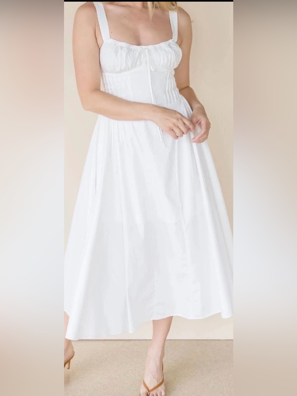 Moon River white corset tie smocked bodice cotton midi dress M EUC cottagecore